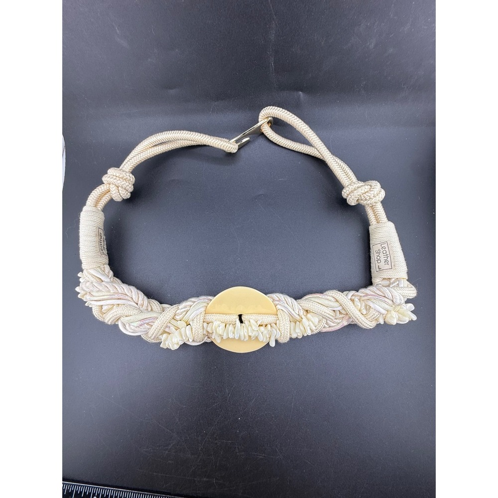 Vintage Leather Shop Belt Cream Braided Rope Shell Nautical Gold Hook 32"
